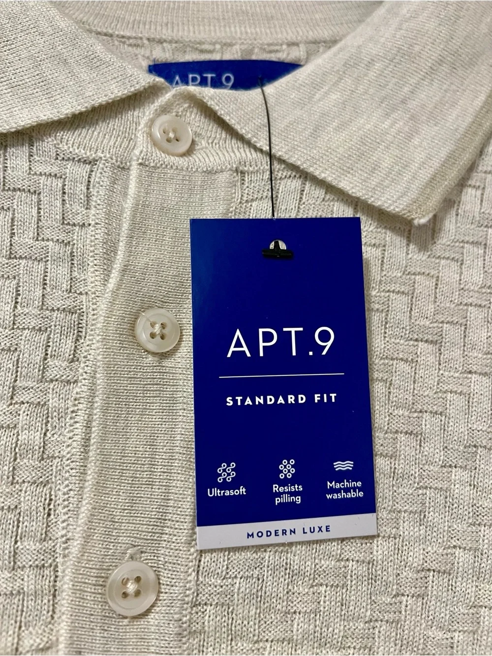 Apt. 9 Men's Cream Textured Long-Sleeve Polo Shirt - Picture 3 of 10